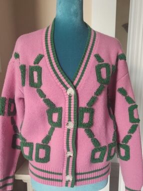 Source Unknown Pink Cardigan Sweater with Green Geometric Pattern Small Size